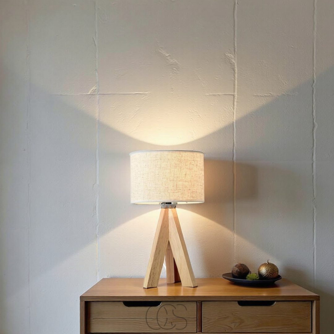 Vivrek - Lámpara de Mesa - Madera Natural y Pantalla de Tela